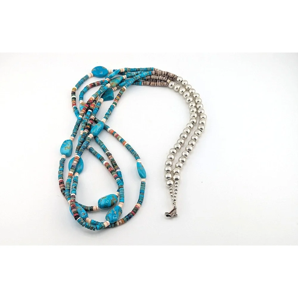 Vintage‎ Navajo Handmade Turquoise Necklace Silver Plated Beads
